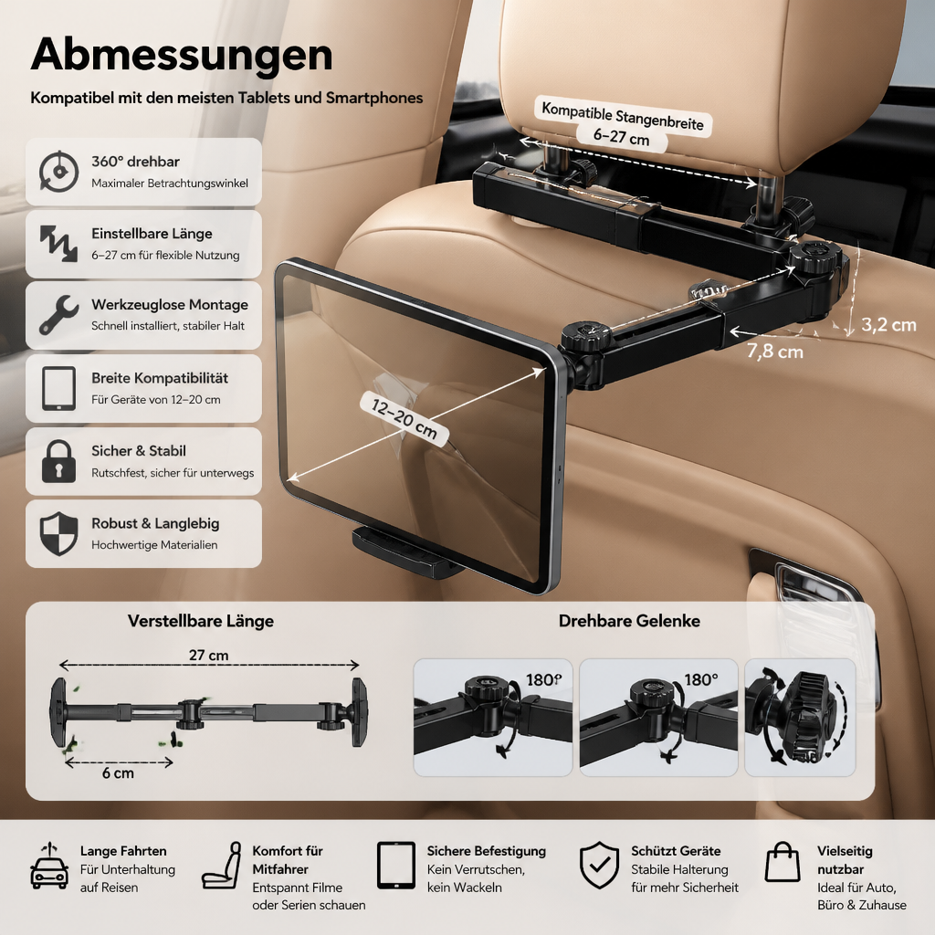 Um 360° drehbarer Tablet-Halter für die Kopfstütze im Auto – Halterung für Tablets auf dem Rücksitz