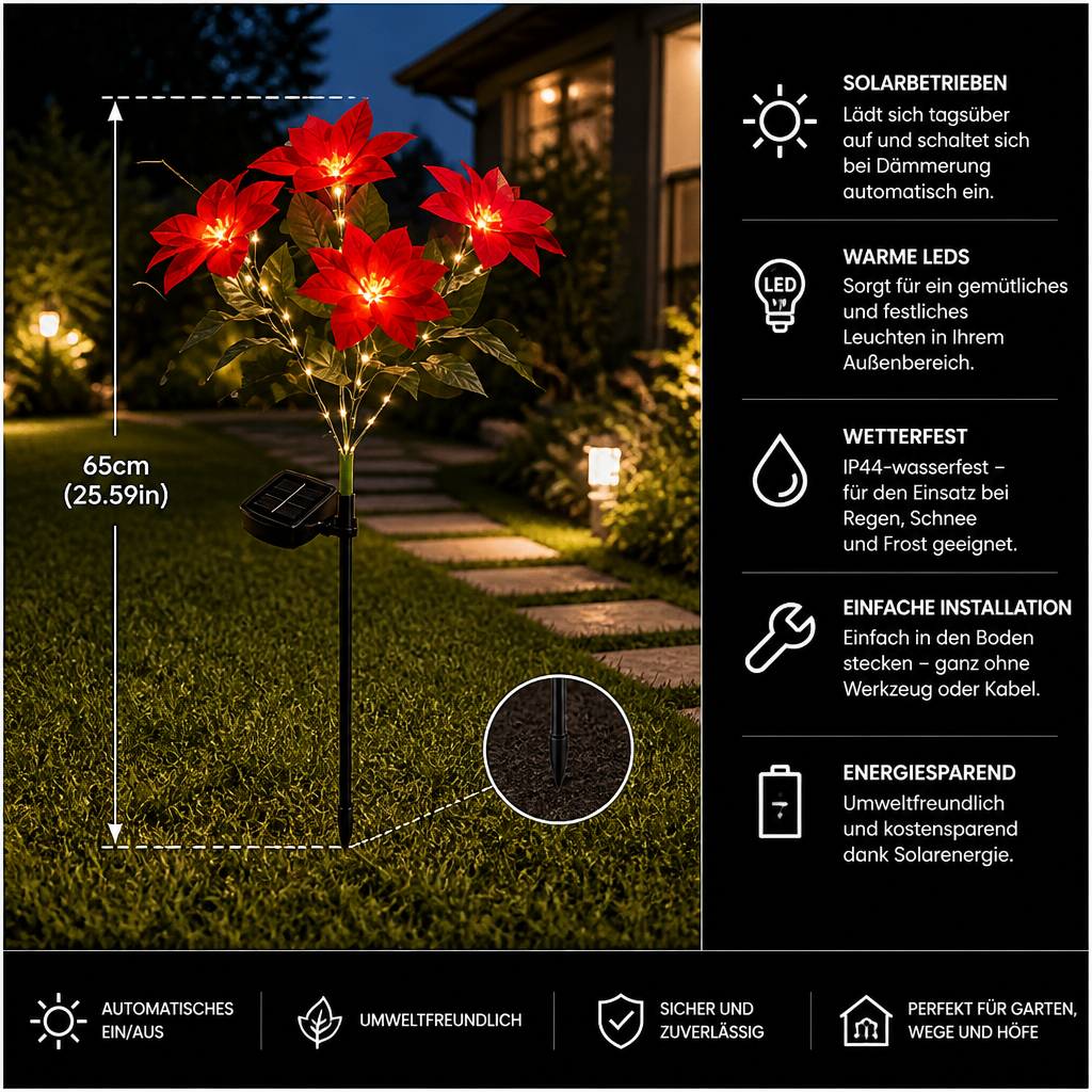 Solar-Weihnachtsstern-Gartenleuchten mit roten Blütenköpfen