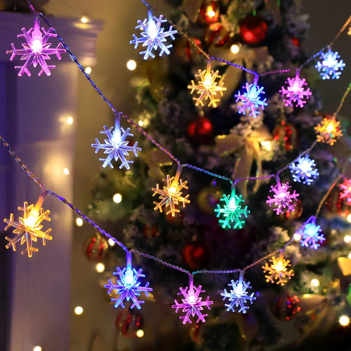 LED Schneeflocken Lichterkette für Innen und Außen – Dekorative Beleuchtung mit Warmweiß oder Buntlicht