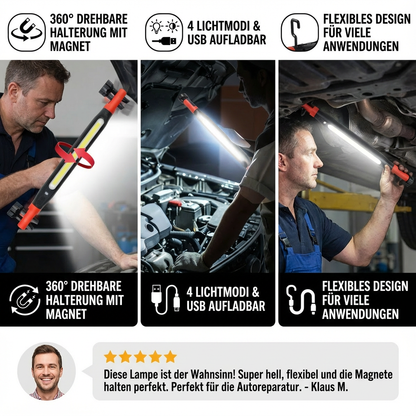 LED Akku-Arbeitslampe 3000 Lumen – Magnetfuß & Haken, 360° drehbar