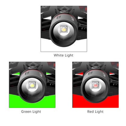 Wiederaufladbare LED Stirnlampe mit Weiß-, Rot- und Grünlicht – Leistungsstarke Kopflampe mit USB und Akku