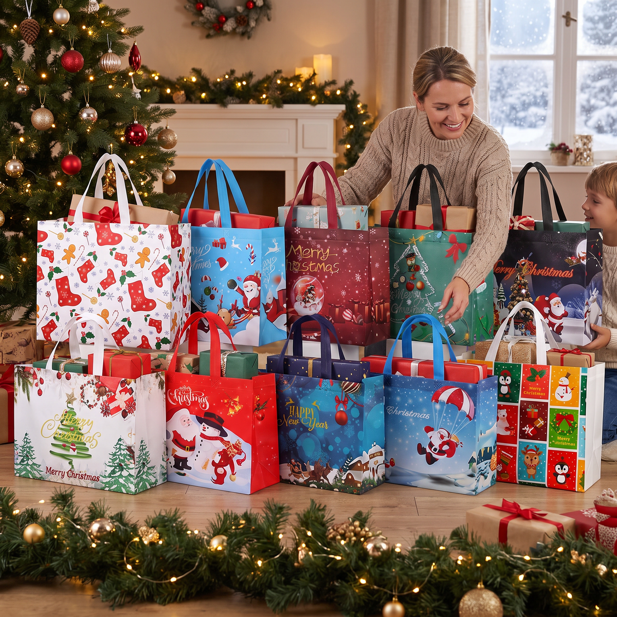 Wiederverwendbare Weihnachts-Geschenktaschen mit Griffen – Verschiedene festliche Designs