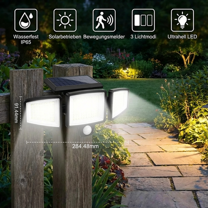 Wasserfeste LED Solar-Außenleuchte mit 3 Strahlern – 3 Lichtmodi & Bewegungsausleuchtung