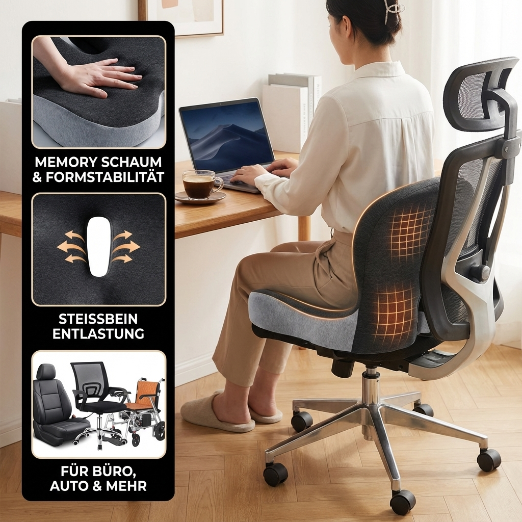 Orthopädisches Sitzkissen mit Memory-Schaum – Entlastung für Steißbein & Rücken