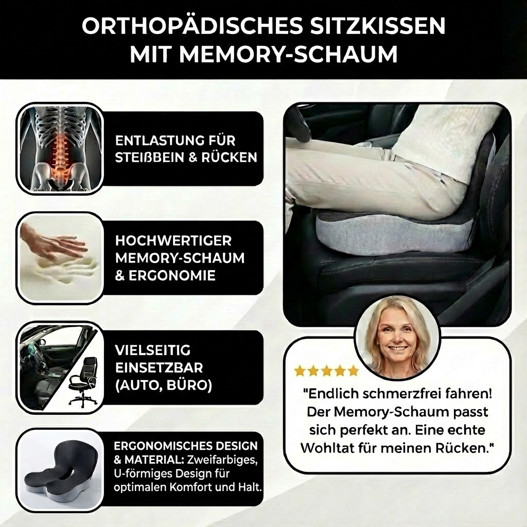 Orthopädisches Sitzkissen mit Memory-Schaum – Entlastung für Steißbein & Rücken