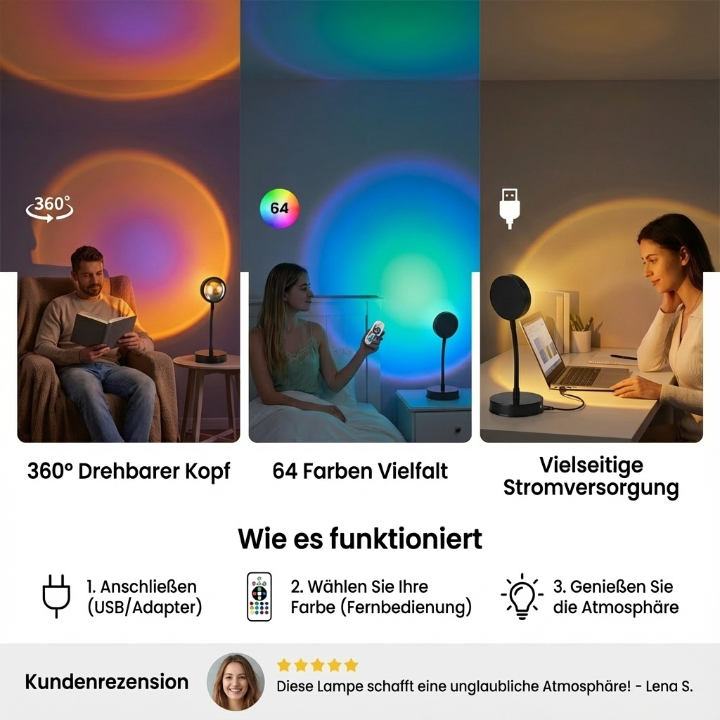 Sunset Projektorlampe – 180° verstellbares Stimmungslicht mit Fernbedienung