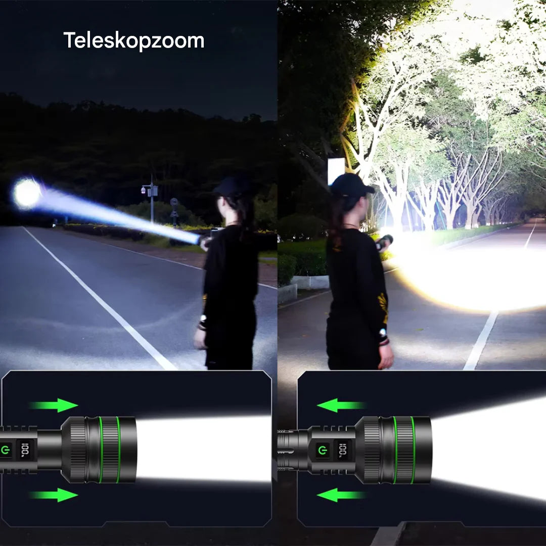 Extrem Helle und Zoombare LED-Taschenlampe mit Powerbank-Funktion für Outdoor-Abenteuer