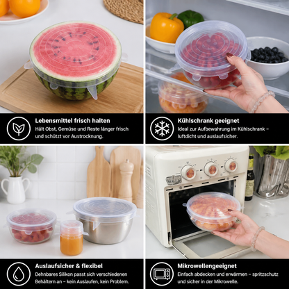 6-teiliges Silikon-Stretchdeckel-Set – Wiederverwendbare BPA-freie Frischhalteabdeckungen
