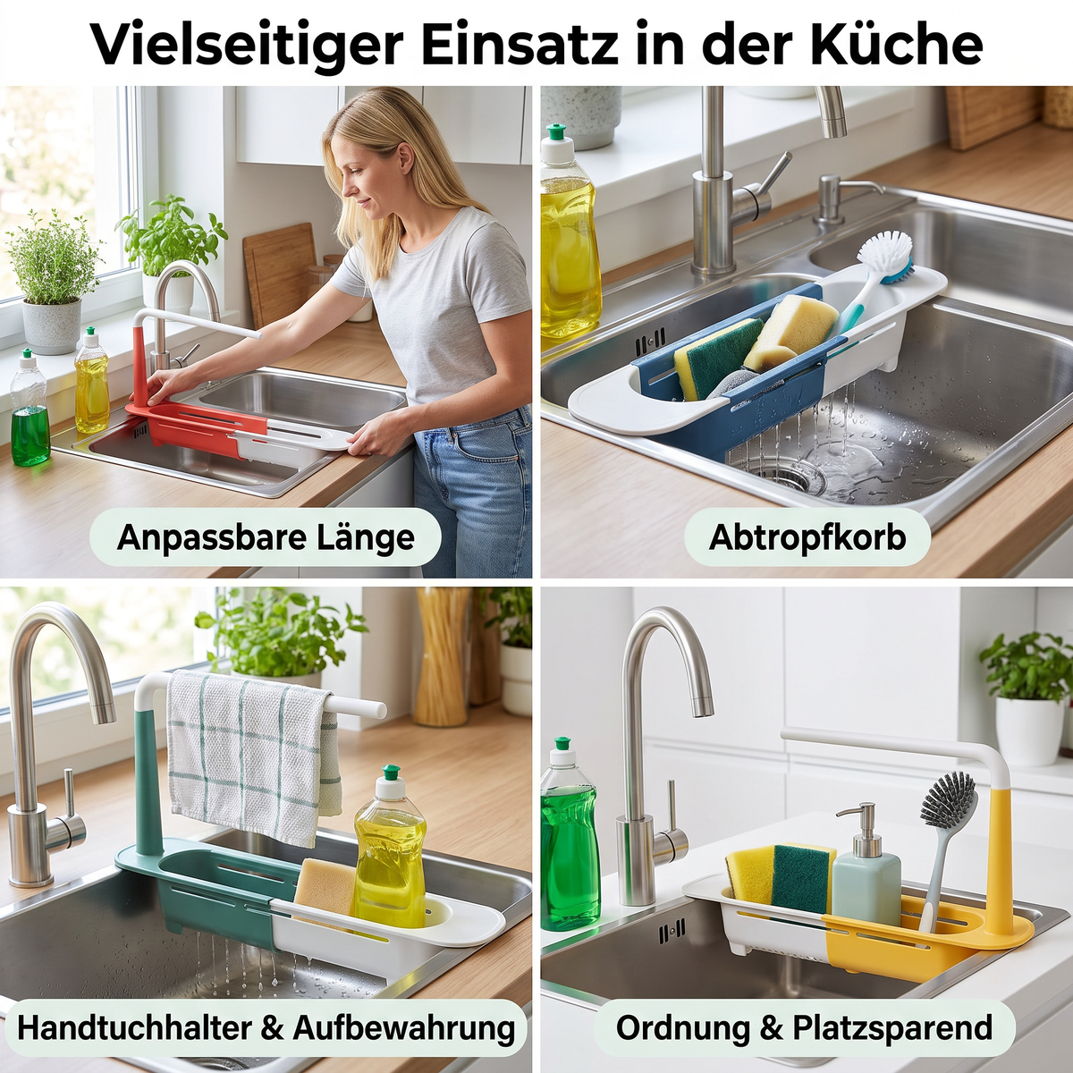 Verstellbarer Teleskop-Spülenorganizer mit Abtropfkorb & Handtuchhalter