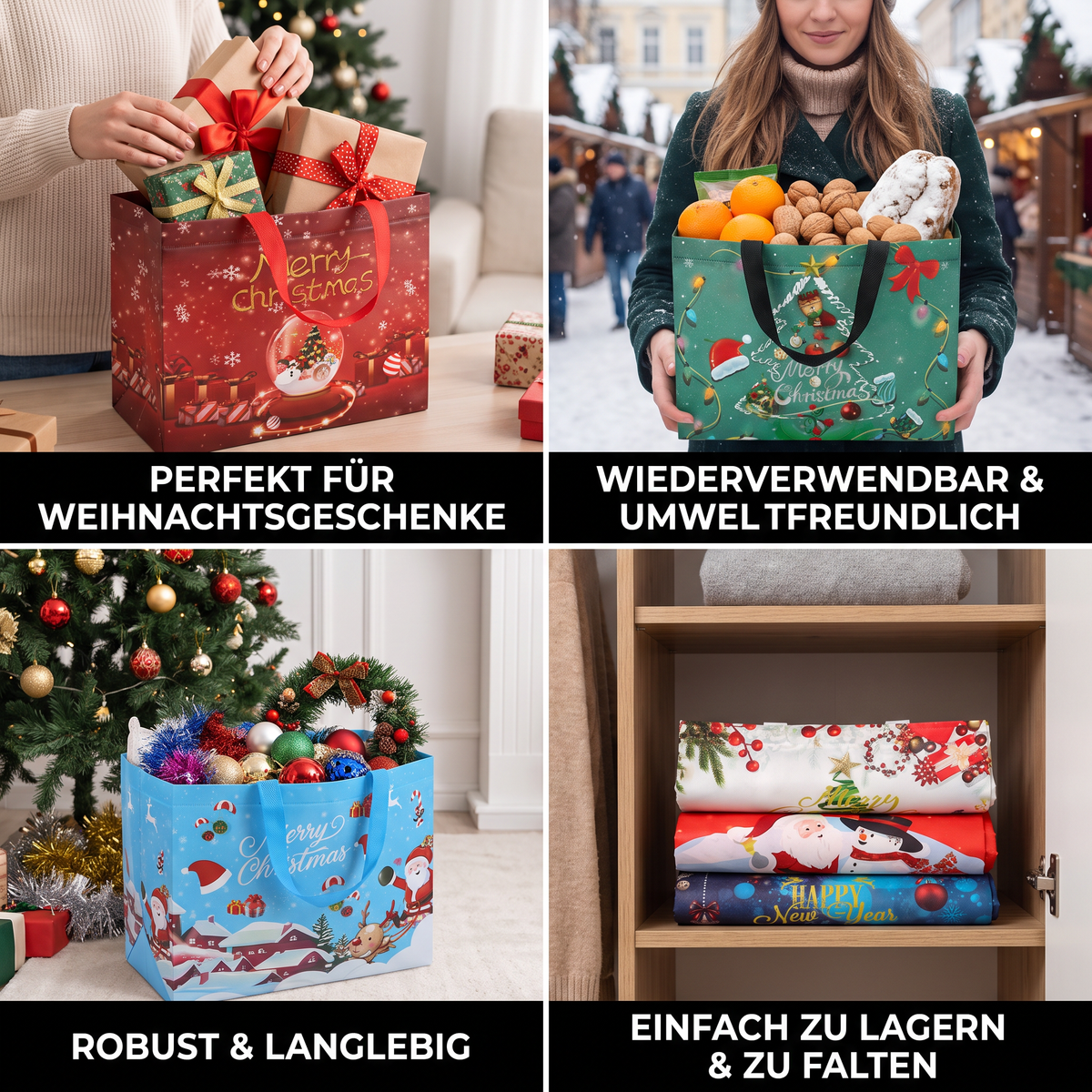 Wiederverwendbare Weihnachts-Geschenktaschen mit Griffen – Verschiedene festliche Designs