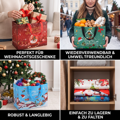 Wiederverwendbare Weihnachts-Geschenktaschen mit Griffen – Verschiedene festliche Designs