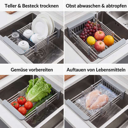 Verstellbares Abtropfgestell über der Spüle & Abtropfsieb für Obst und Gemüse