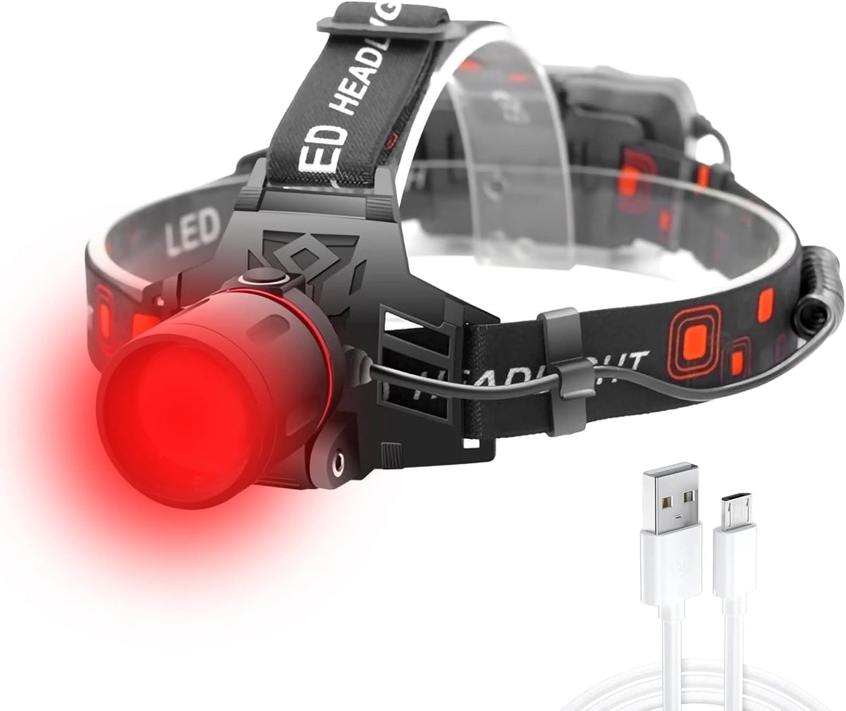 Wiederaufladbare LED Stirnlampe mit Weiß-, Rot- und Grünlicht – Leistungsstarke Kopflampe mit USB und Akku
