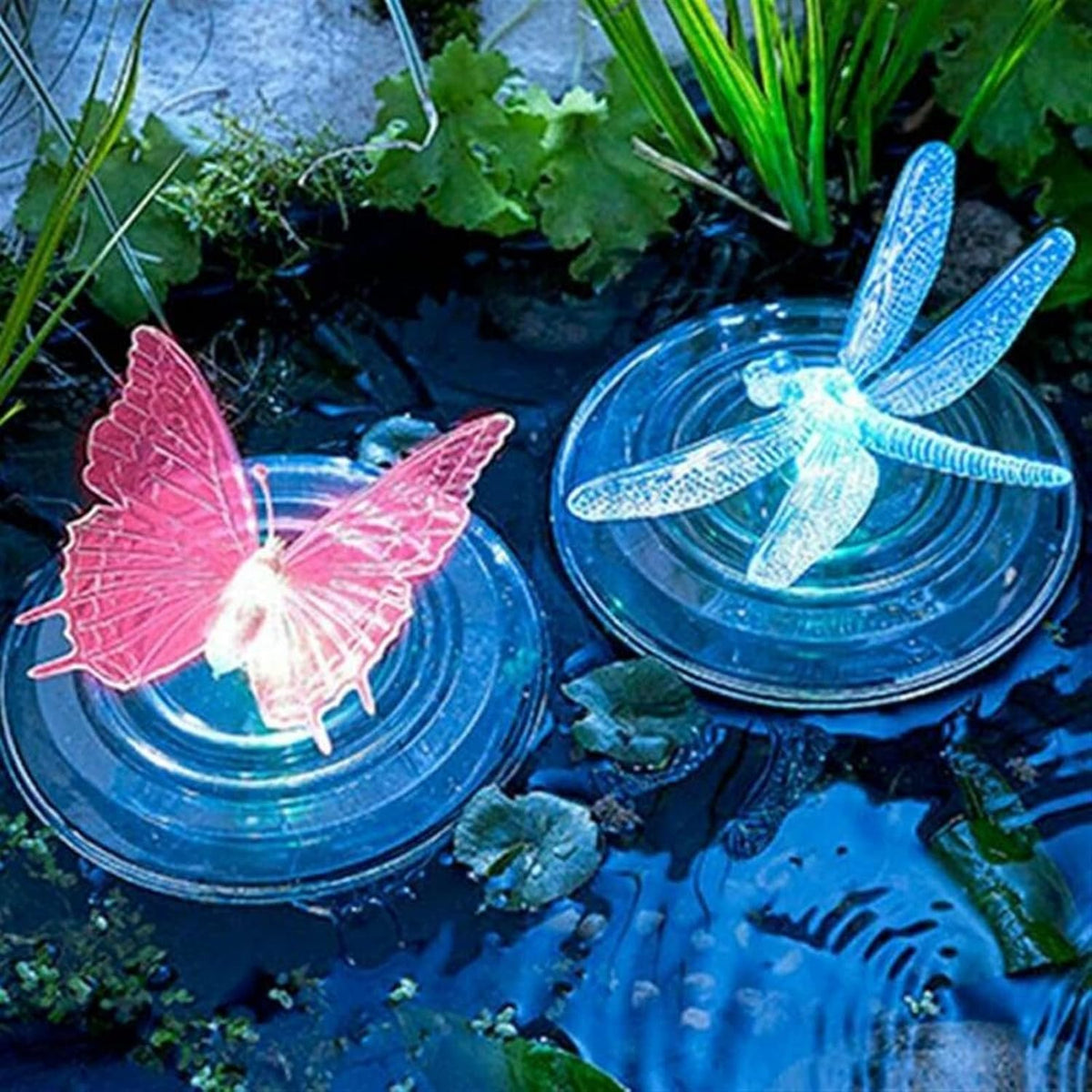 Solarbetriebene Teichdeko Schmetterling und Libelle – Farbwechselnde LED-Lichter für Garten und Teich