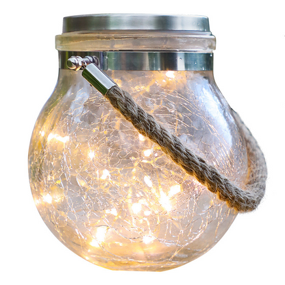 Solar LED Laterne im Glas – Dekorative Gartenbeleuchtung mit Drahtlichtern und Tragegriff