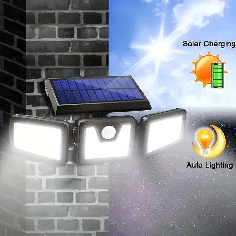 Solar LED Flutlicht mit Bewegungsmelder – 3-Strahler Außenbeleuchtung für Garten, Hof und Garage