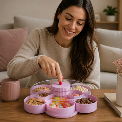 Drehbare Snackplatte mit Fächern – Rotierendes Serviertablett für Snacks & Süßigkeiten