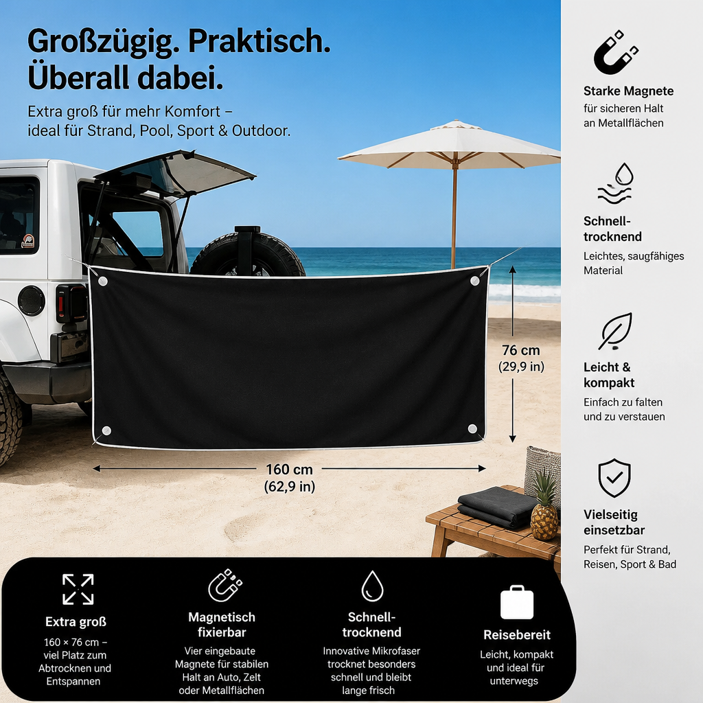 Extra großes Badetuch mit Magnet – schnelltrocknendes Strand- und Badetuch für Schwimmen und Outdoor