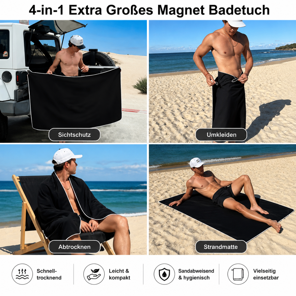 Extra großes Badetuch mit Magnet – schnelltrocknendes Strand- und Badetuch für Schwimmen und Outdoor
