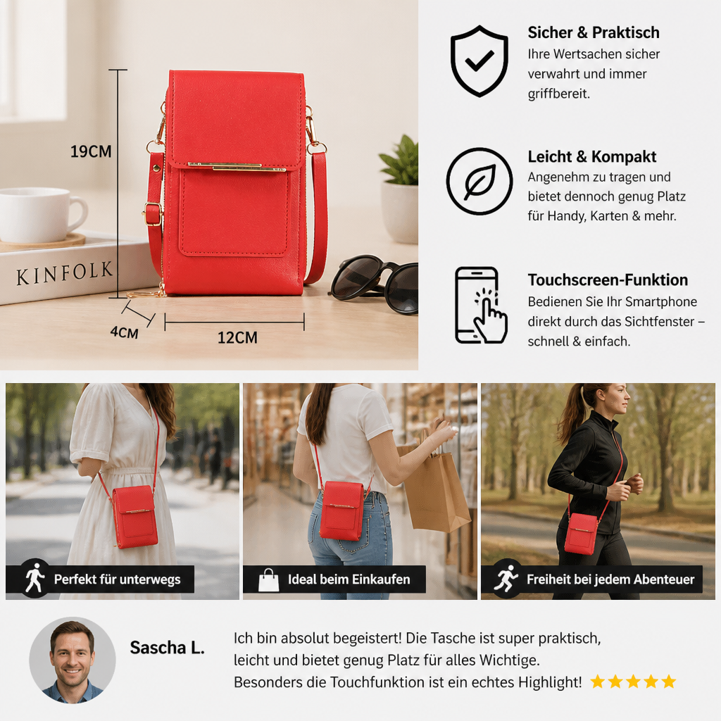 Touchscreen-Umhängetasche für das Handy – Kompaktes Etui für Handy, Schlüssel und das Nötigste