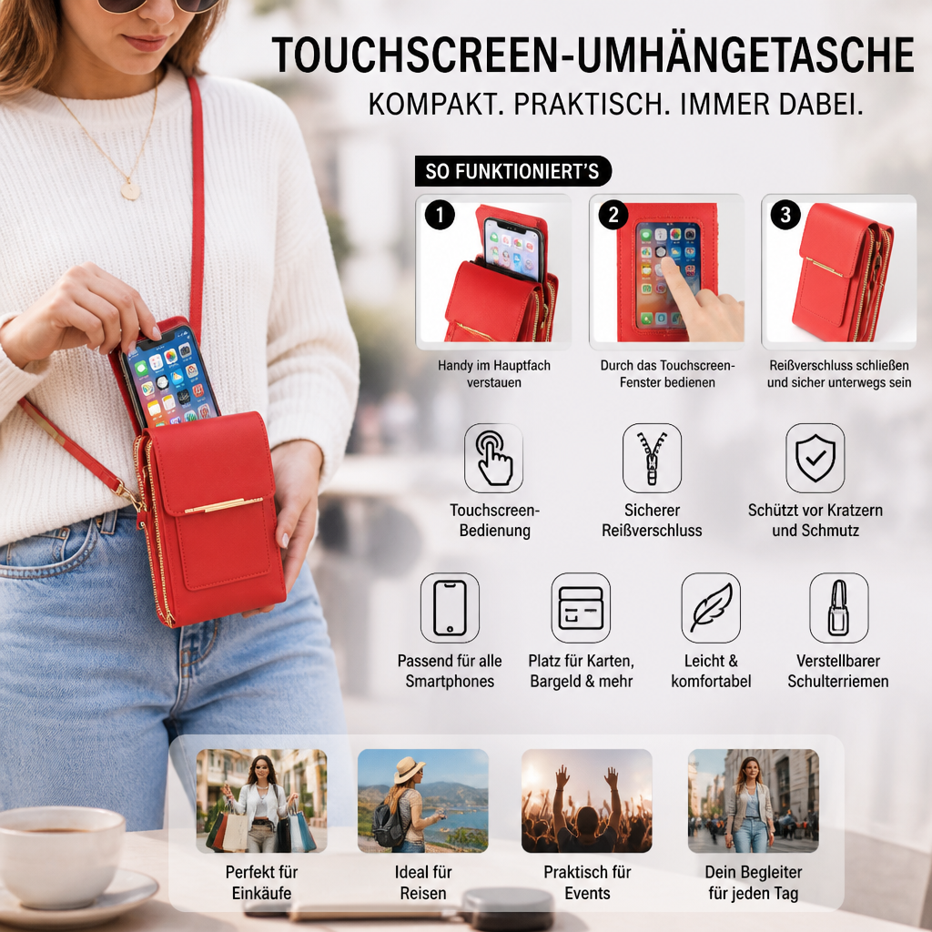 Touchscreen-Umhängetasche für das Handy – Kompaktes Etui für Handy, Schlüssel und das Nötigste
