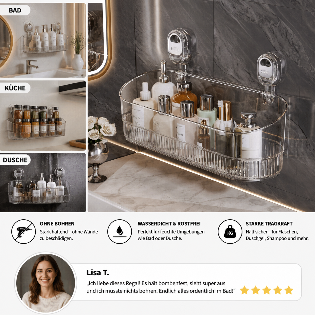 Selbstklebendes Saugnapf-Regal für Dusche und Badezimmer – ohne Bohren