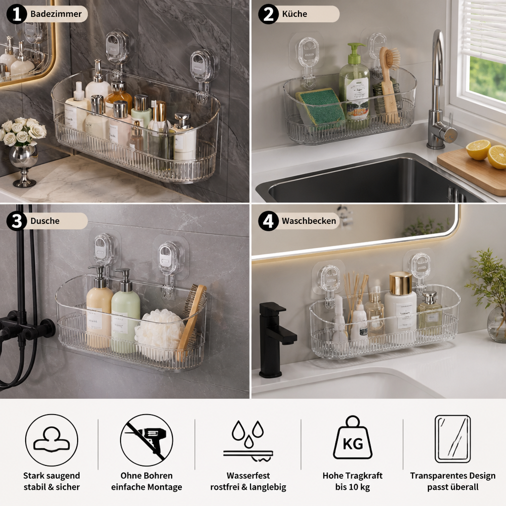 Selbstklebendes Saugnapf-Regal für Dusche und Badezimmer – ohne Bohren