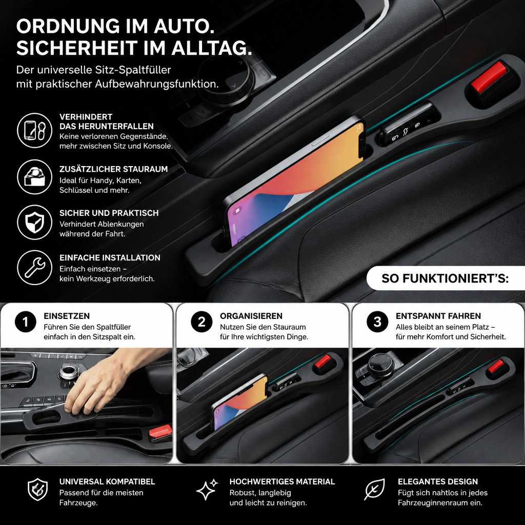 Universeller Autositz-Spaltfüller mit Aufbewahrungsfunktion für ein ordentliches Fahrzeuginnere