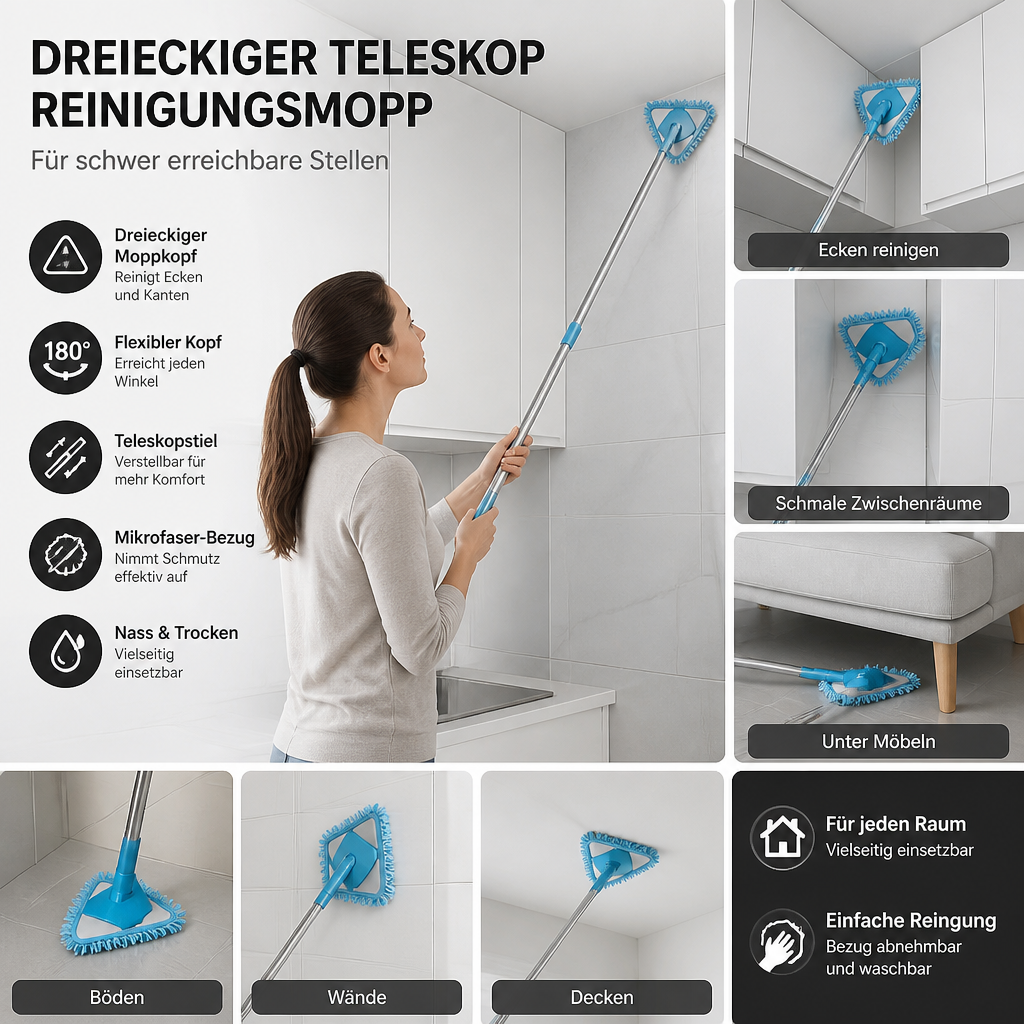 Dreieckiger Teleskop Reinigungsmopp für Schwer Erreichbare Stellen