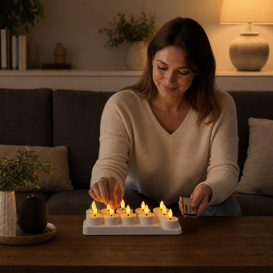 12-teiliges wiederaufladbares LED-Teelicht-Set ohne Flamme mit USB-C-Ladestation, Fernbedienung & Timer