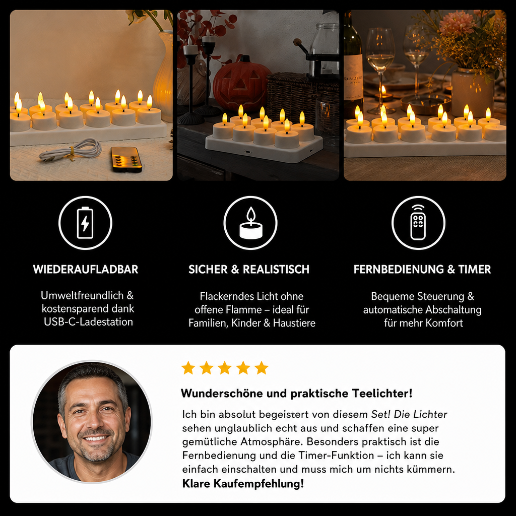12-teiliges wiederaufladbares LED-Teelicht-Set ohne Flamme mit USB-C-Ladestation, Fernbedienung & Timer