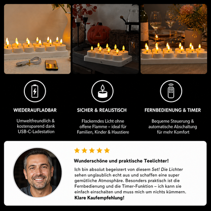 12-teiliges wiederaufladbares LED-Teelicht-Set ohne Flamme mit USB-C-Ladestation, Fernbedienung & Timer