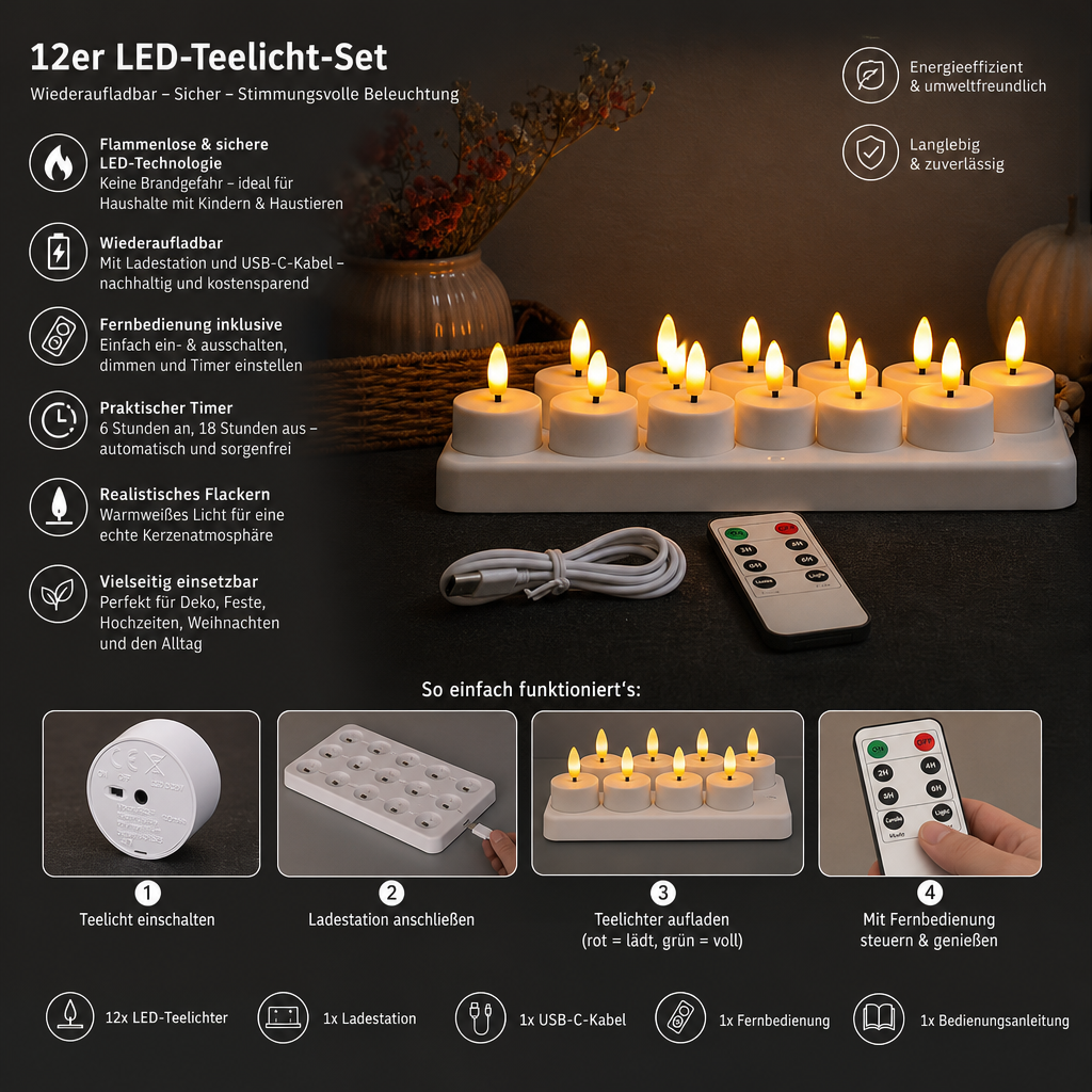 12-teiliges wiederaufladbares LED-Teelicht-Set ohne Flamme mit USB-C-Ladestation, Fernbedienung & Timer