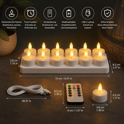 12-teiliges wiederaufladbares LED-Teelicht-Set ohne Flamme mit USB-C-Ladestation, Fernbedienung & Timer