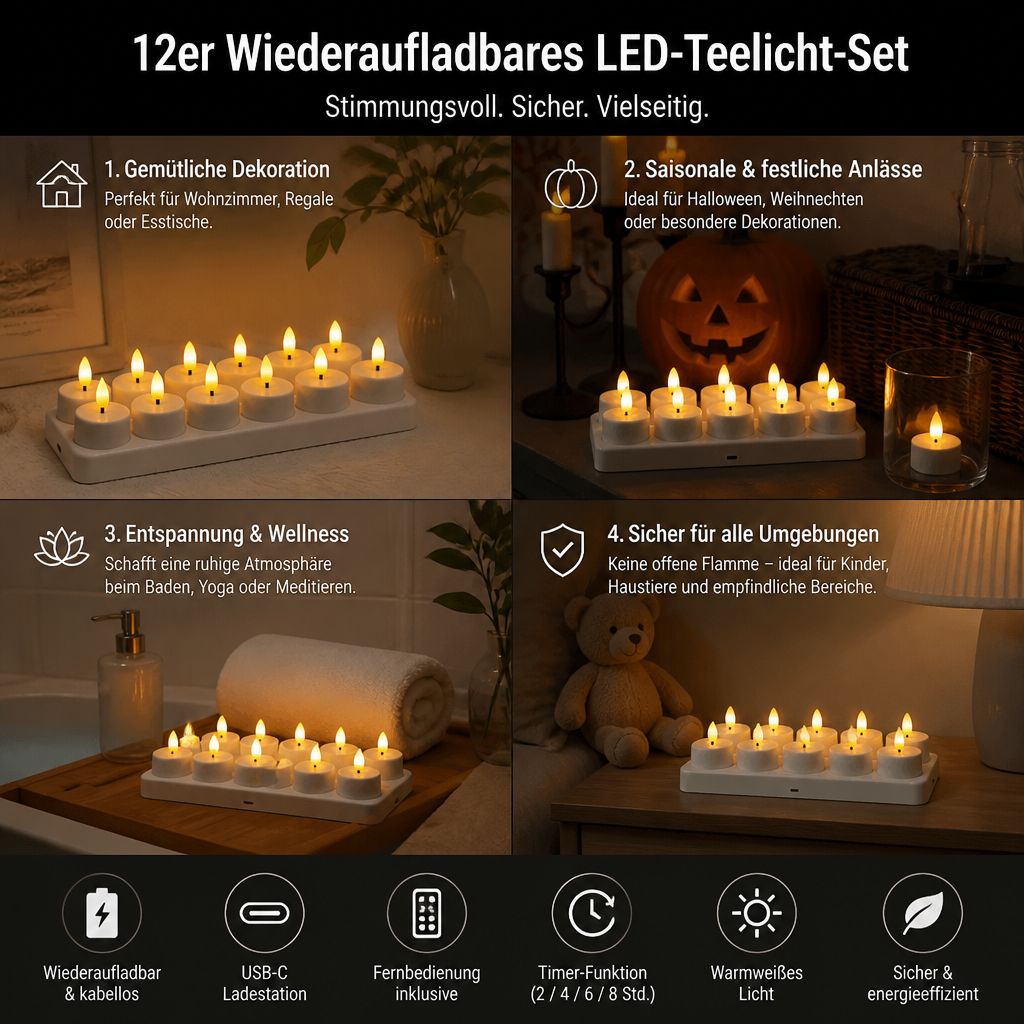 12-teiliges wiederaufladbares LED-Teelicht-Set ohne Flamme mit USB-C-Ladestation, Fernbedienung & Timer