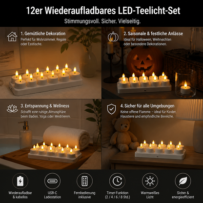 12-teiliges wiederaufladbares LED-Teelicht-Set ohne Flamme mit USB-C-Ladestation, Fernbedienung & Timer