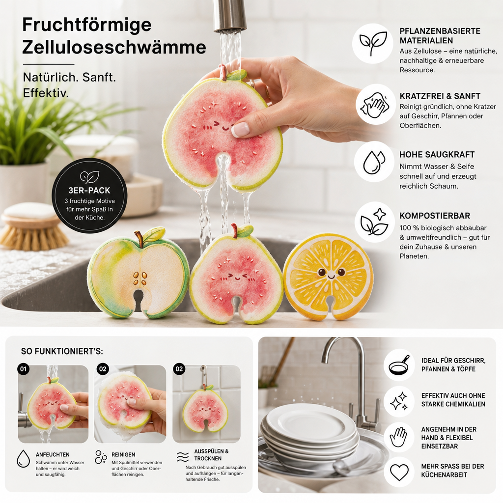 Fruchtförmige aufquellende Zelluloseschwämme – 3er-Pack pflanzenbasierte, kratzfreie Küchenschwämme