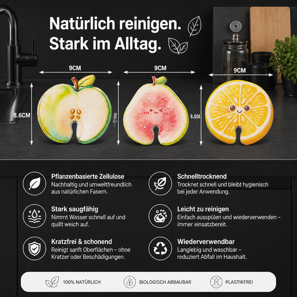 Fruchtförmige aufquellende Zelluloseschwämme – 3er-Pack pflanzenbasierte, kratzfreie Küchenschwämme