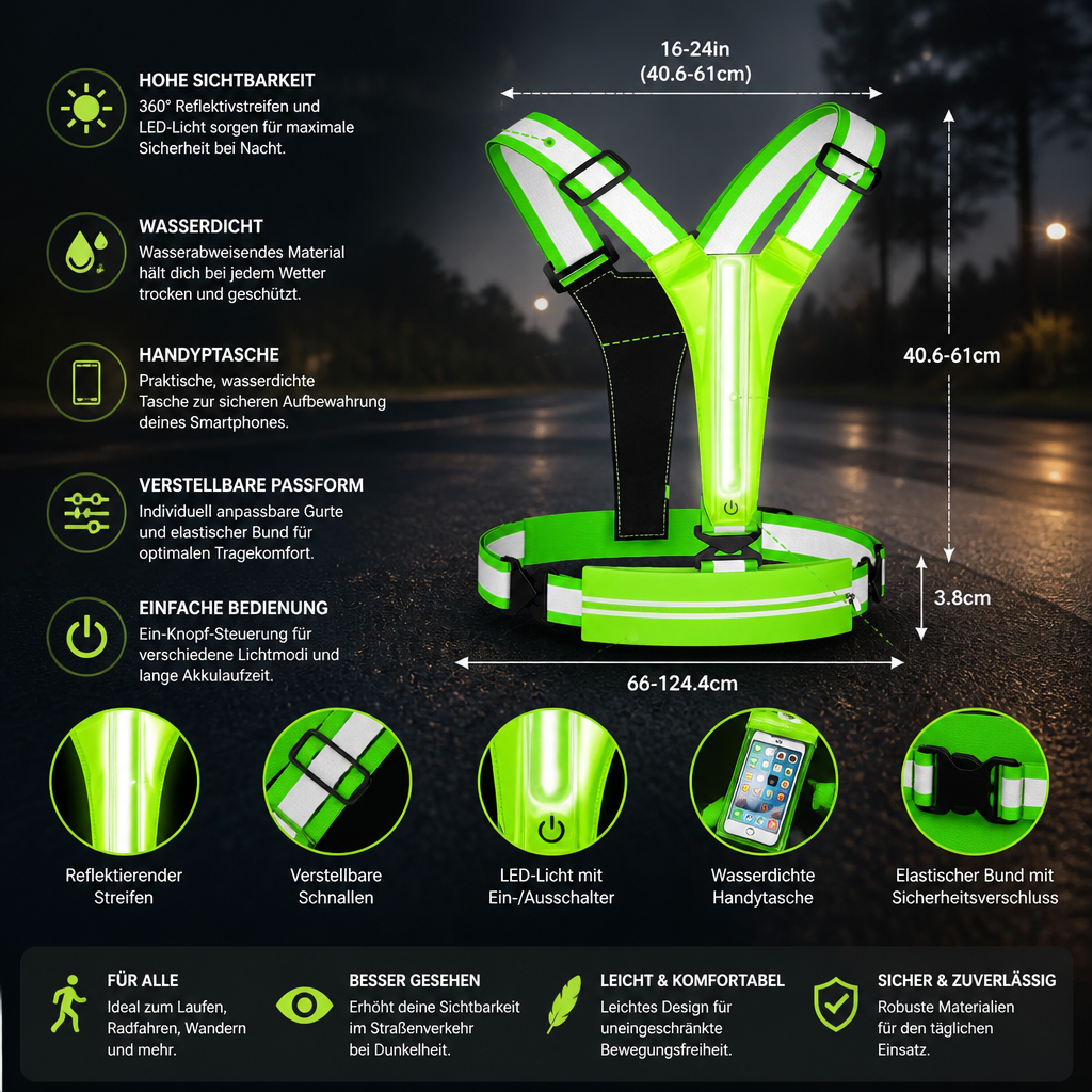 Reflektierende LED-Laufweste mit wasserdichter Handytasche