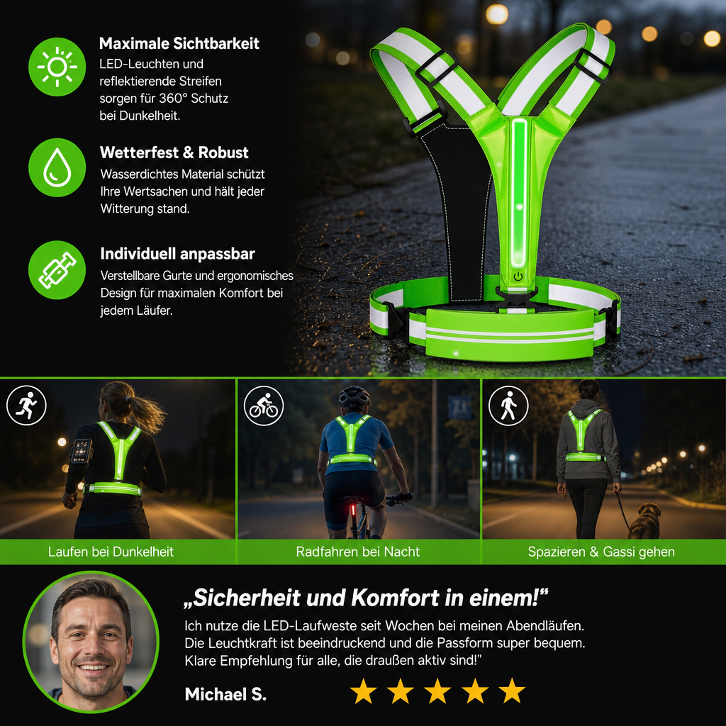 Reflektierende LED-Laufweste mit wasserdichter Handytasche