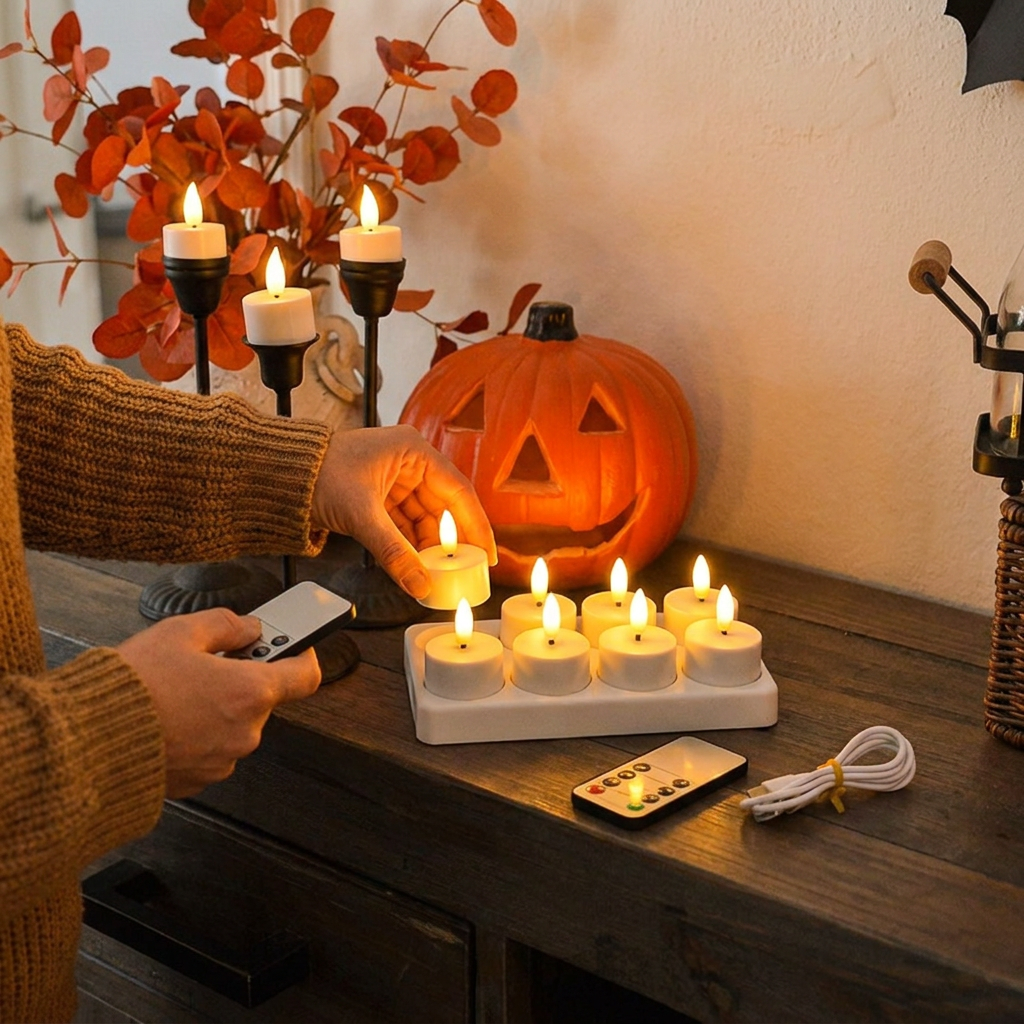 12-teiliges wiederaufladbares LED-Teelicht-Set ohne Flamme mit USB-C-Ladestation, Fernbedienung & Timer