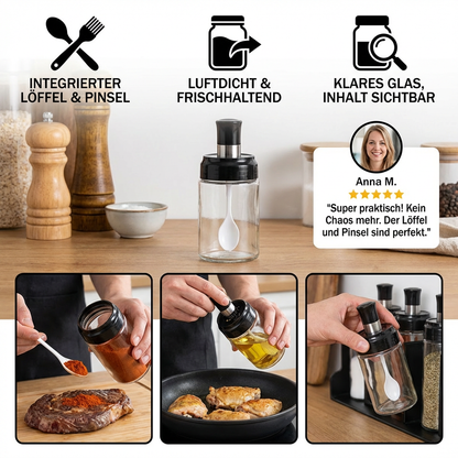 Gewürzglas mit Löffel & Pinsel - Praktischer Küchenbehälter mit Zubehör