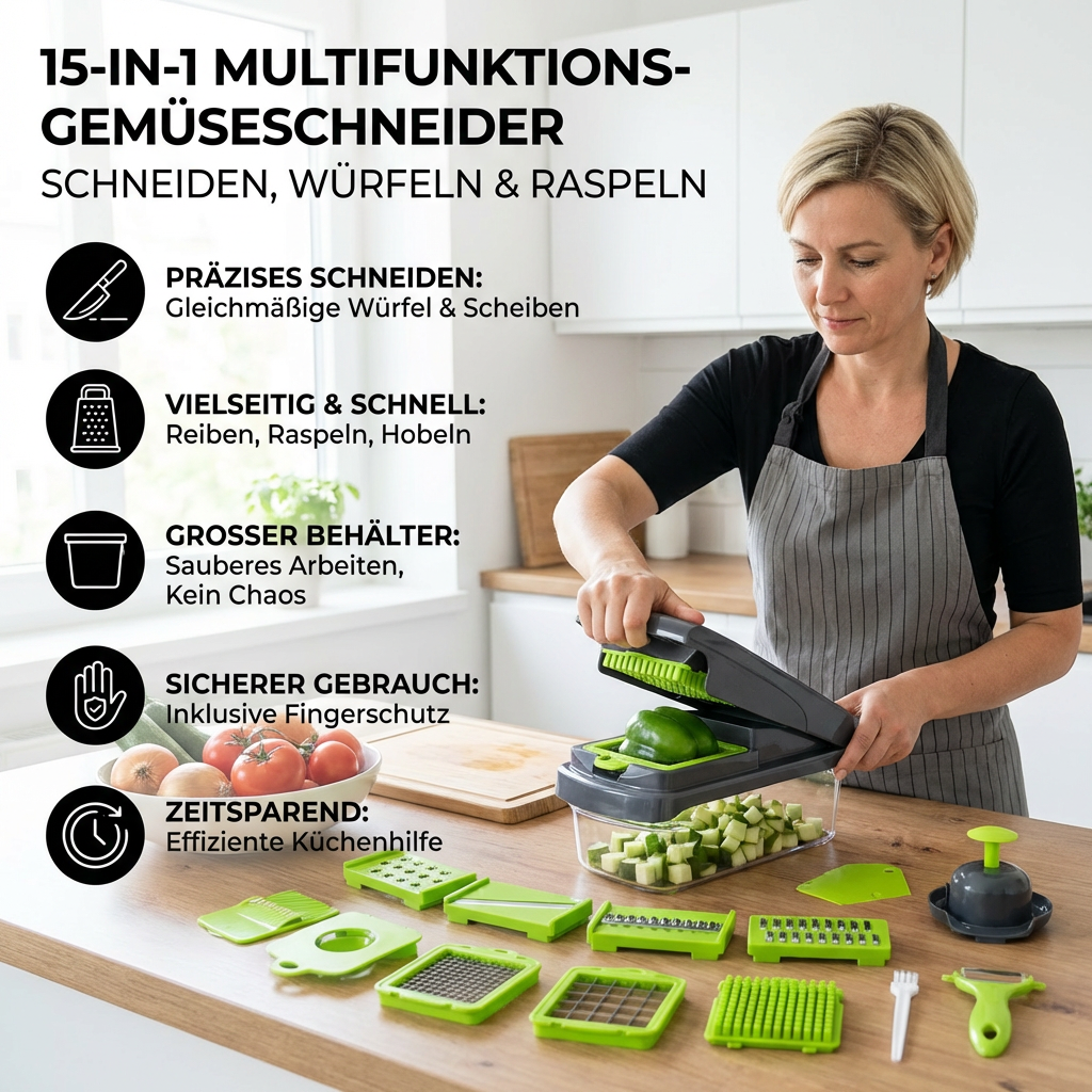 15-in-1 Obst- & Gemüseschneider - schneiden, würfeln & raspeln
