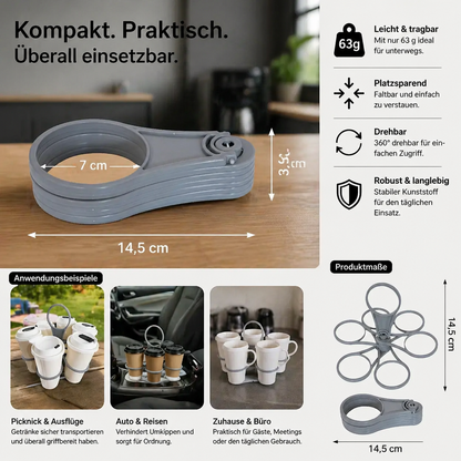 Faltbarer, drehbarer Getränkehalter – mit 6 Plätzen für Gläser & Tassen, ideal für unterwegs