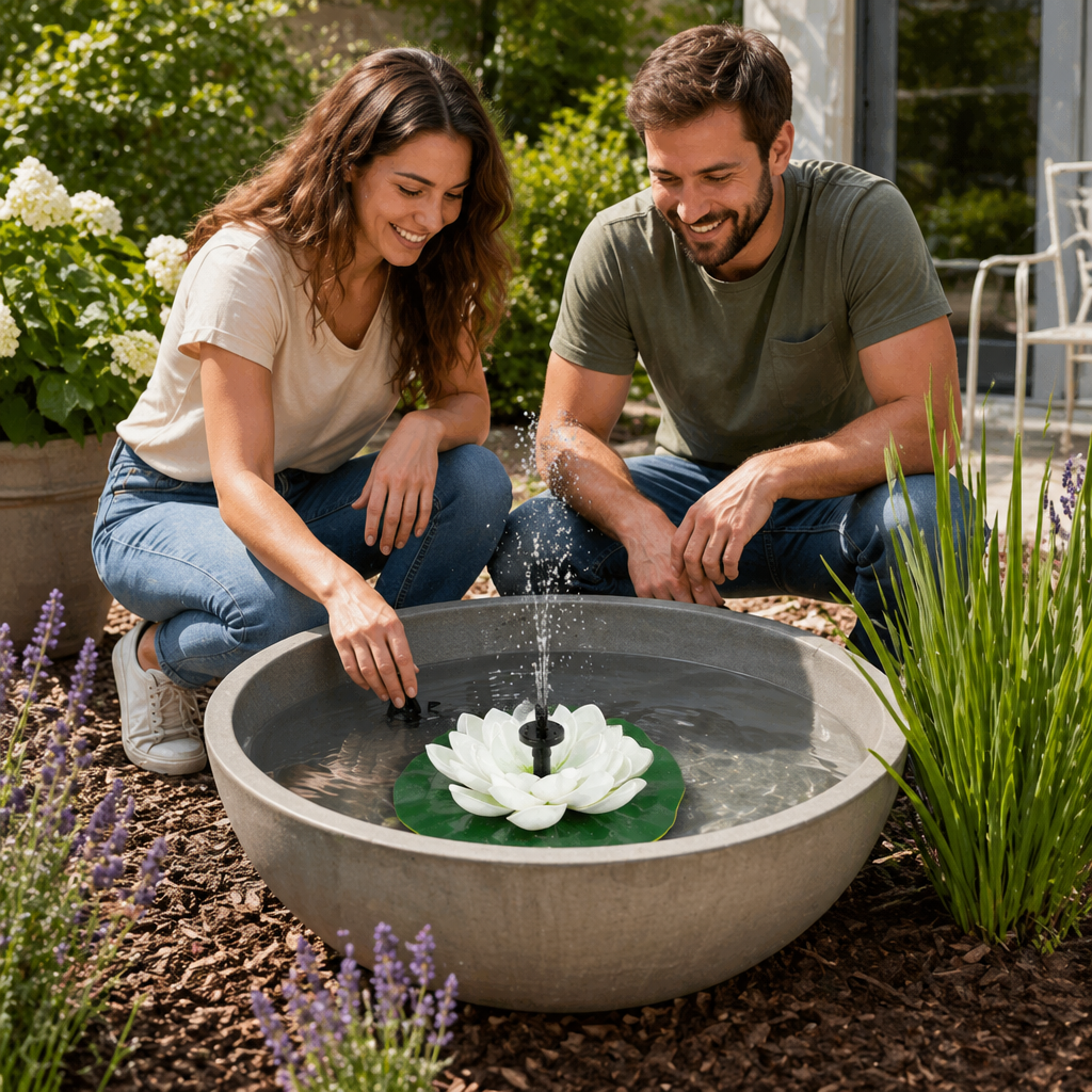 Solarbetriebener Lotusbrunnen – schwimmender Gartenbrunnen für Pool & Teich