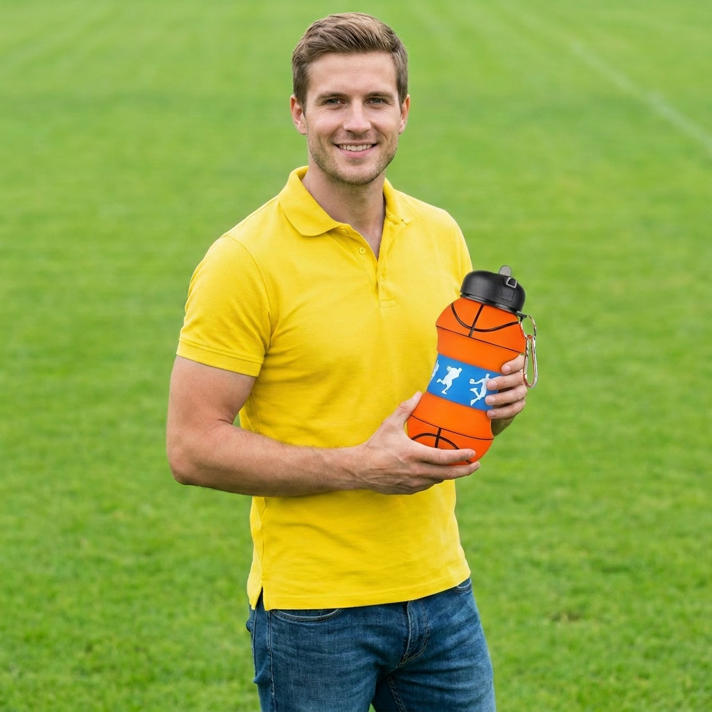 Faltbare und strapazierfähige Fußball-Trinkflasche aus Silikon