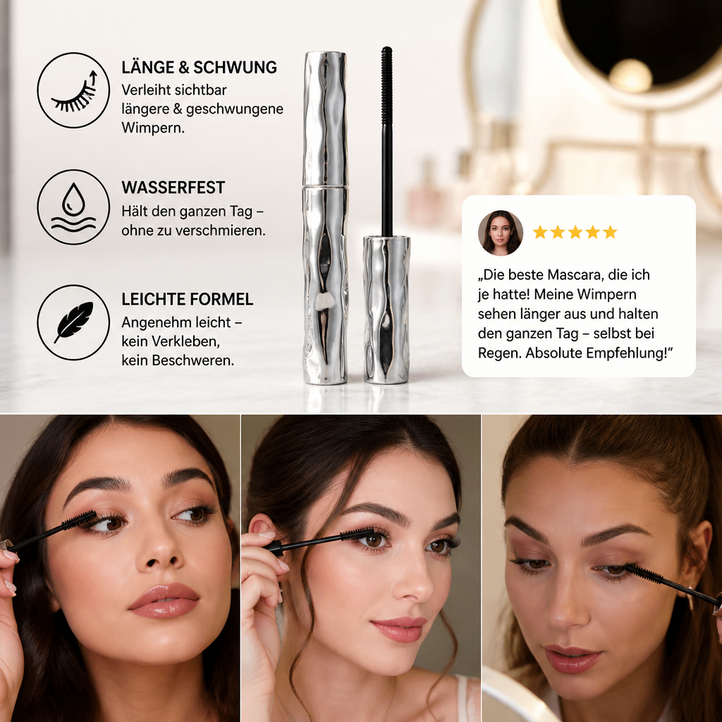 Wasserfeste Mascara für Schwung und Länge – langanhaltende, wischfeste Formel