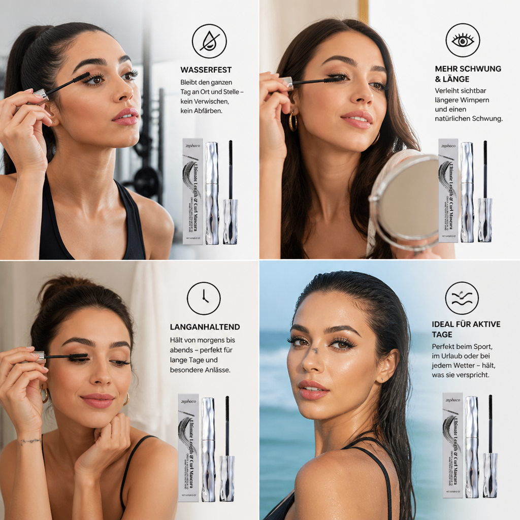 Wasserfeste Mascara für Schwung und Länge – langanhaltende, wischfeste Formel