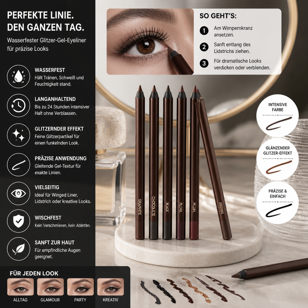 Wasserfester Glitzer-Gel-Eyeliner – langanhaltende, wischfeste Farbe