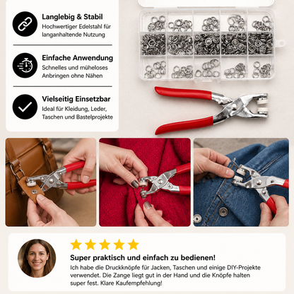 Edelstahl-Druckknopfzangen-Set – Metallknopf-Reparaturset für Kleidung, Leder und Bastelarbeiten